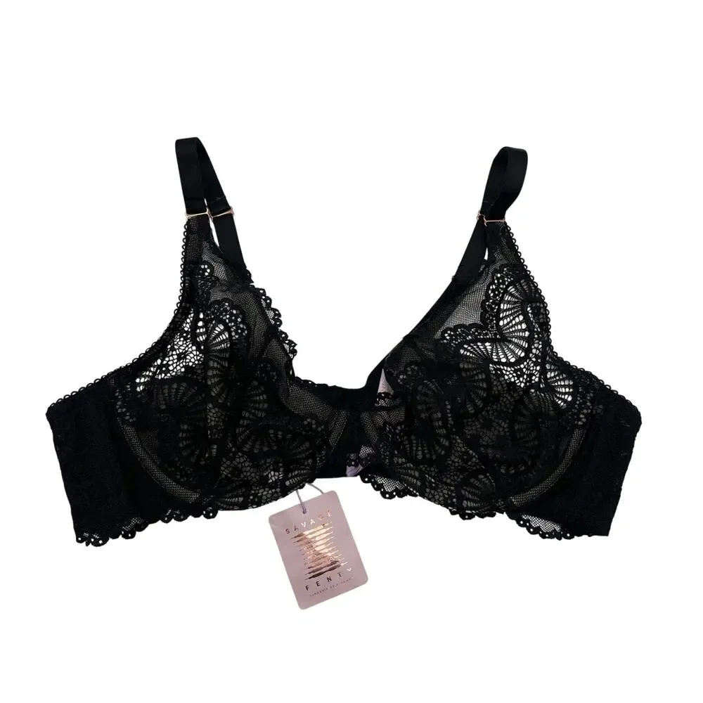 SAVAGE X FENTY FLORAL LACE UNLINED UNDERWIRE PLUNGE BRA BLACK SIZE 44D NEW